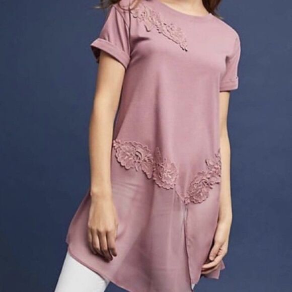 Anthropologie Akemi + Kin Fairy Lace Applique Tunic Floral Embroidery Lagenlook - Picture 2 of 9